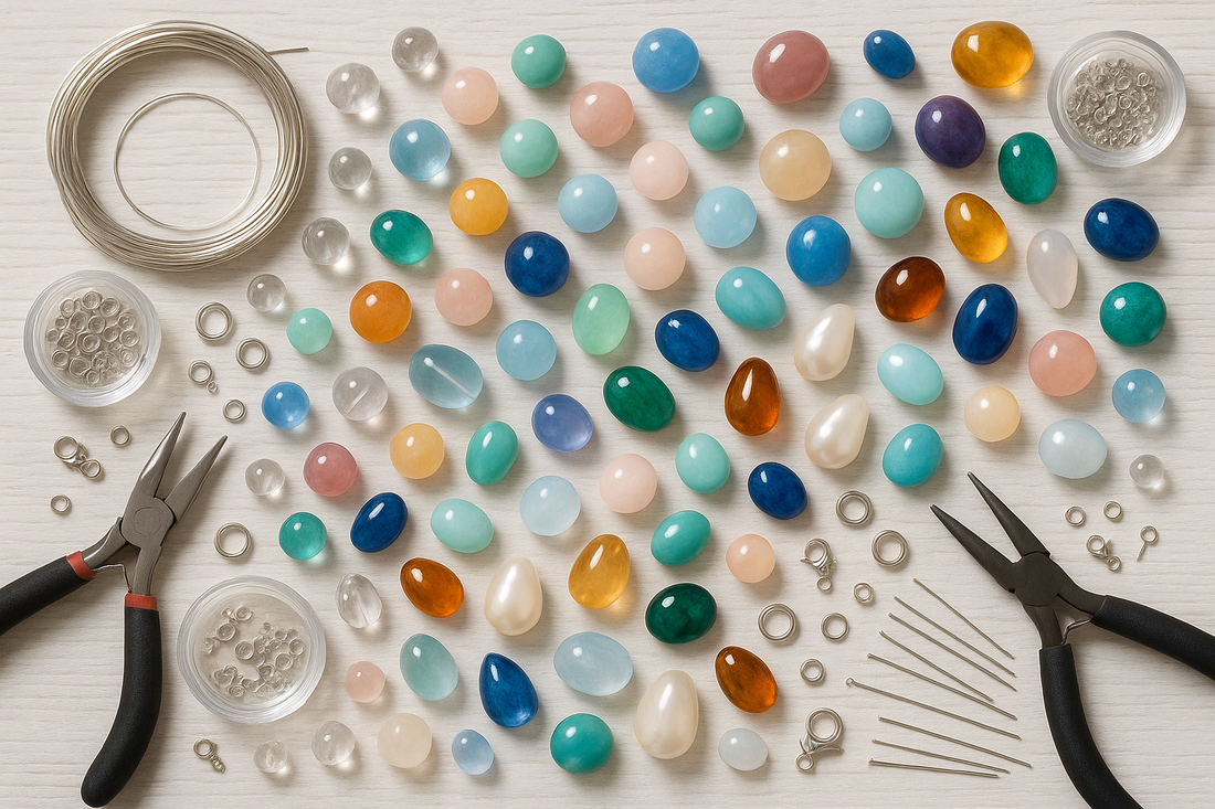 White textured table having glass beads with matte and glass finish. Size of bead are small, large and pendant size. Shape of bead is rectangular, round, pearl drop, etc. and jewellery findings, tools are also laying around the beads.